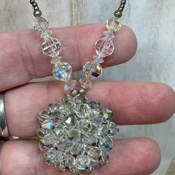 REPURPOSED vintage BROOCH clear faceted crystal glass bead NECKLACE artisan made - Picture 3 of 8